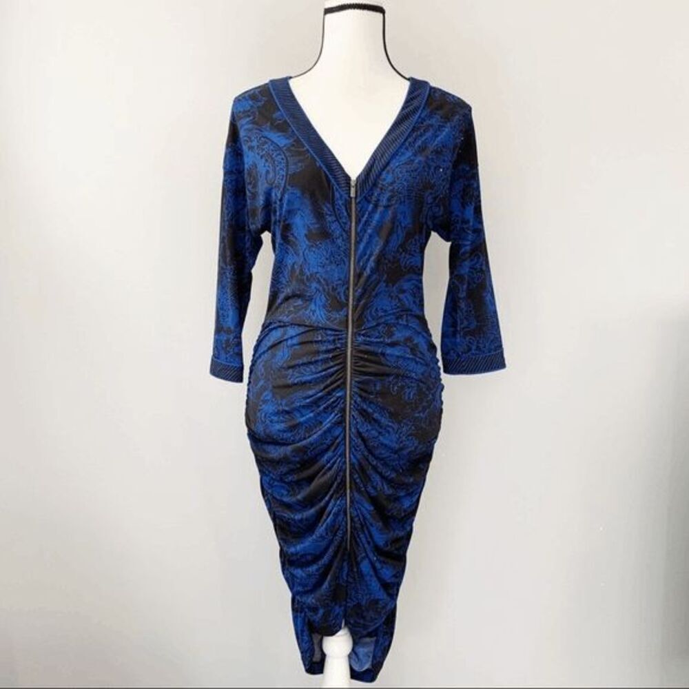 BCBG Maxazria Women's XXS Ruched Bodycon Dress Front Zip V-Neck Stretch Blue